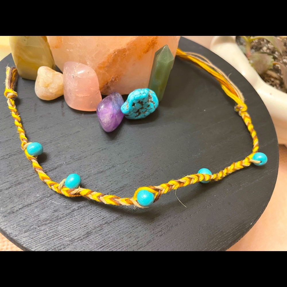 Handmade Yellow/Brown bracelet/anklet with turquoise wooden beads